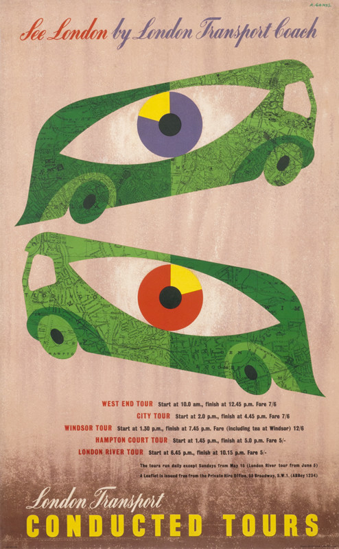 Two cars with eyeballs and map print; yellow, green, blue, red, brown