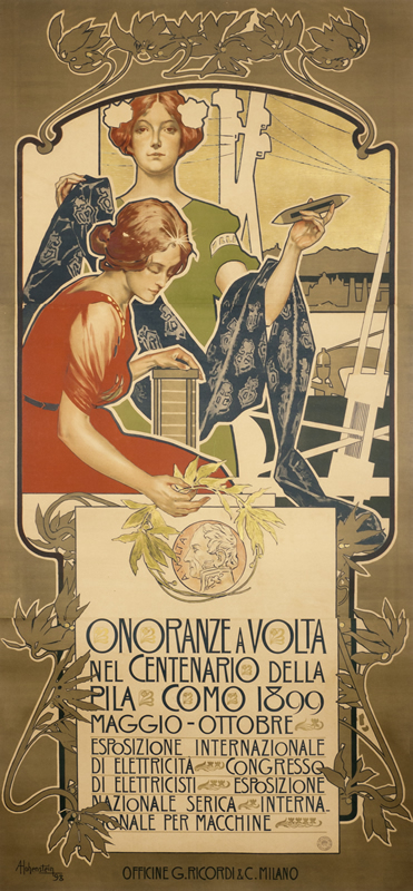 Two women with batteries and floral detail; GOLD, GREEN, BLUE, RED