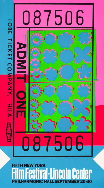 Theater ticket decorated with flowers, stars, clouds; fluorescent blue, green, pink, red