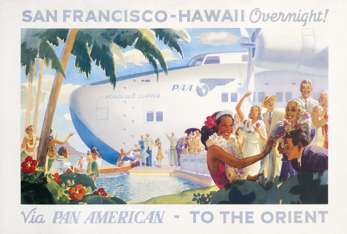Boeing 314 Clipper Ship lands in Hawaii as natives greet Americans; blue, green, beige, white