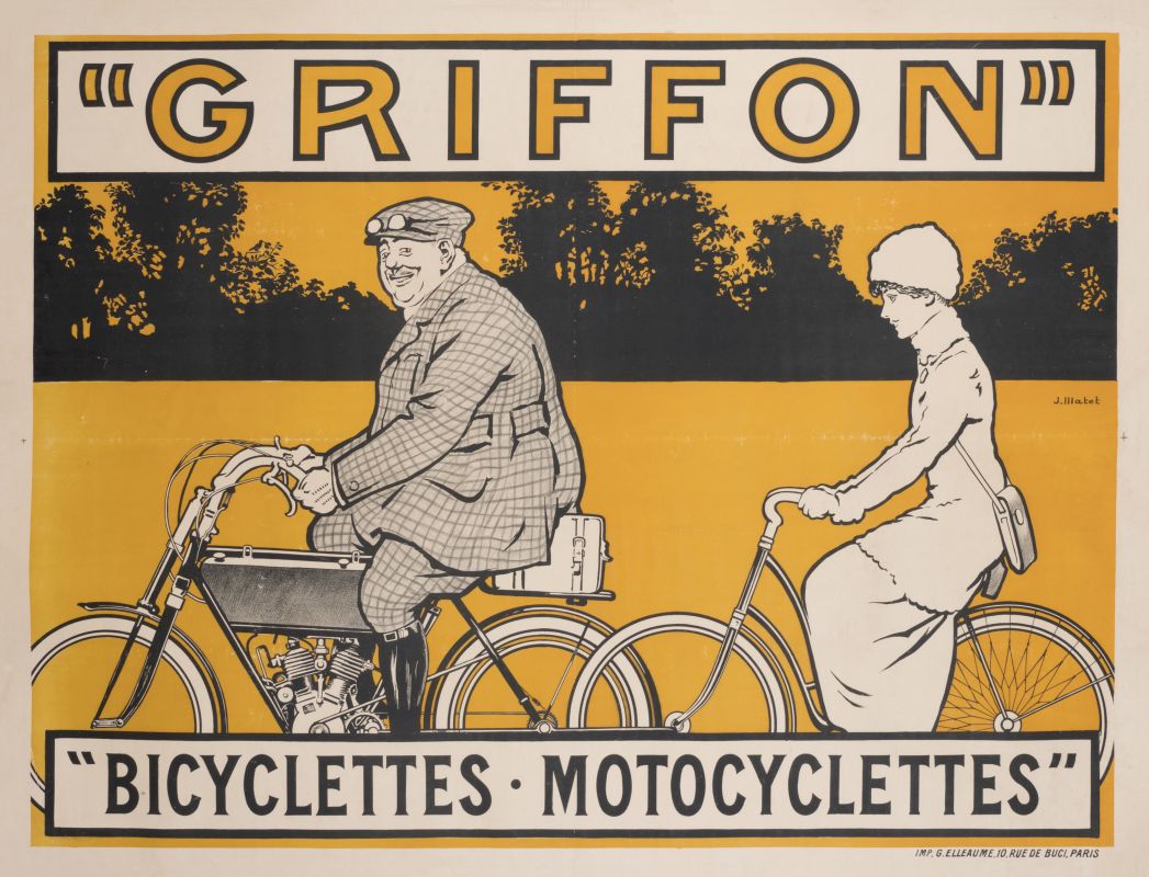 Man in checkered suit and woman on bikes; black, orange, white