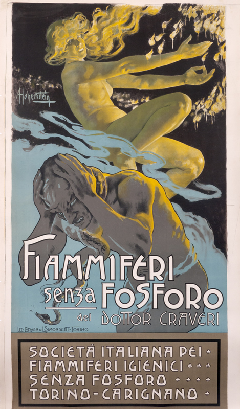 Devil holds head in agony as gleeful angel lights matches; yellow, blue, green, black