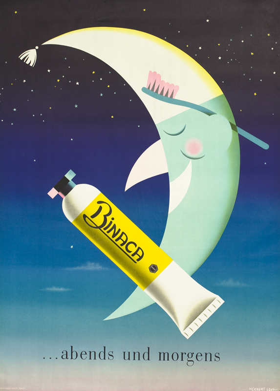 Moon with toothbrush and tube of toothpaste; blue, yellow, white