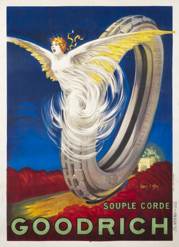 Winged female figure emerging from a tire going down road from arch; red, blue, yellow, gray, green