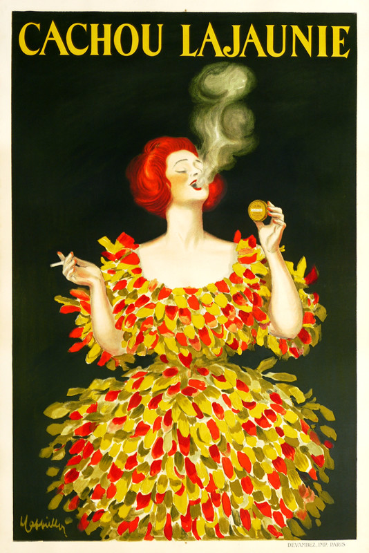 Woman in wild feathery dress smokes cigarette, uses breath freshener; green, yellow, red