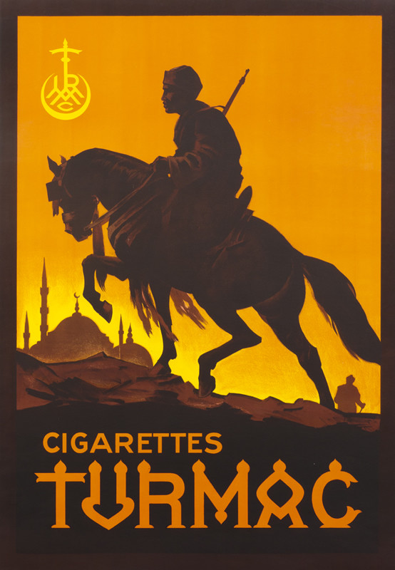 Armed horseman silhouetted in front of mosque; orange, brown