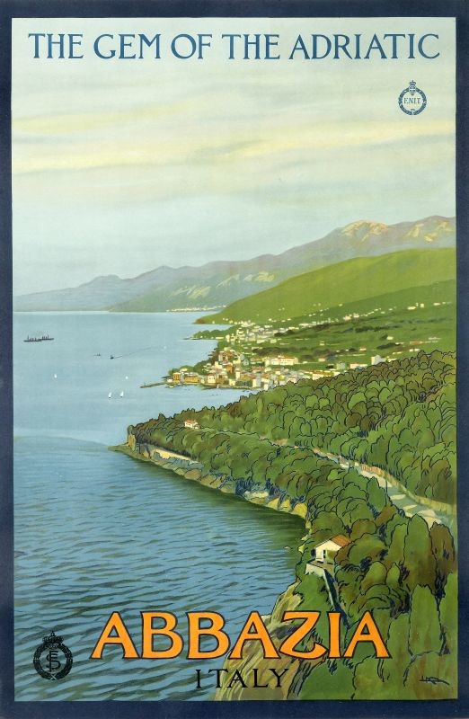 View of a bay and village; blue, green, orange