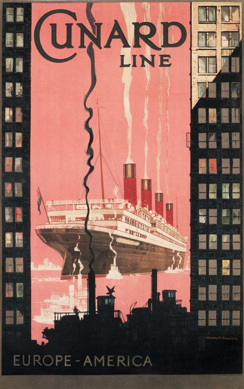 Ocean liner Mauritania leaving New York, framed by skyscrapers; pink, red, black