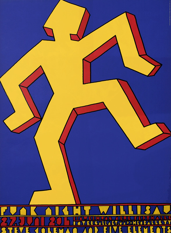 Stick man dances; yellow, blue, red