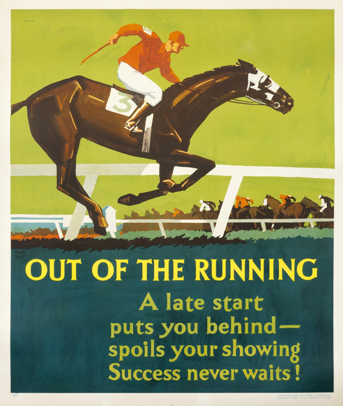 Horse and jockey break ahead of the pack; green, red, blue