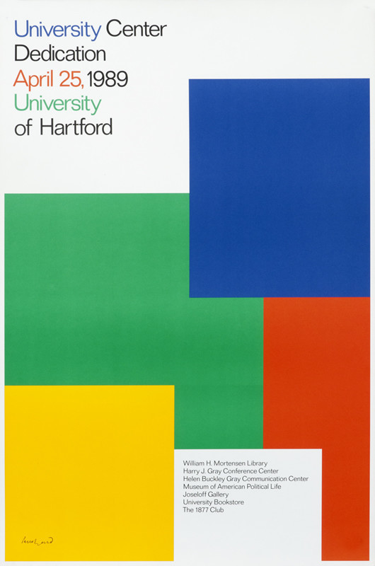 University Center Dedication, different color rectangles and typography; blue, green, red, yellow