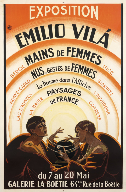 Two women spin crystal ball; orange, black